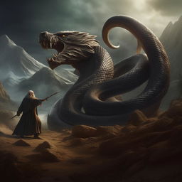 An epic scene depicting a giant snake chasing Gandalf, the legendary wizard from Middle-Earth. The snake's scales glisten menacingly as Gandalf raises his staff in defense.