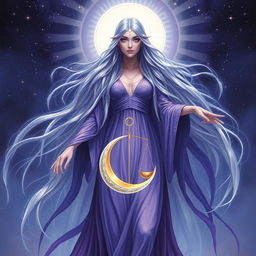 Vespera, the Goddess of Twilight and Harmony, is depicted as a tall, ethereal figure draped in flowing robes that shift colors gracefully from deep purple to shimmering silver