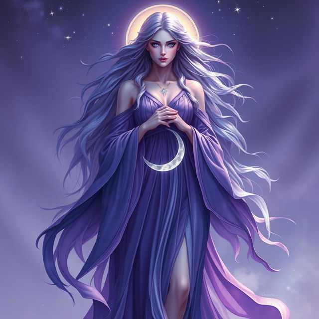 Vespera, the Goddess of Twilight and Harmony, is depicted as a tall, ethereal figure draped in flowing robes that shift colors gracefully from deep purple to shimmering silver