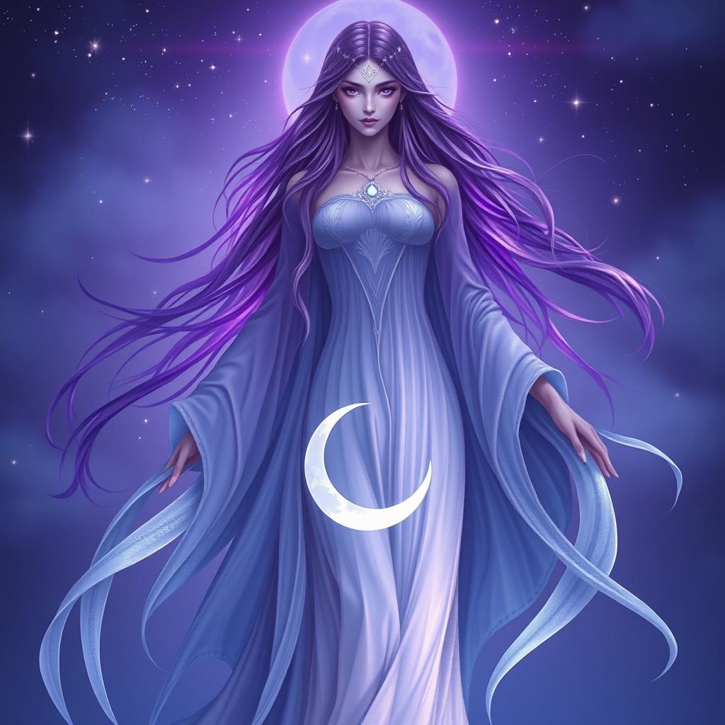 Vespera, the Goddess of Twilight and Harmony, is depicted as a tall, ethereal figure draped in flowing robes that shift colors gracefully from deep purple to shimmering silver