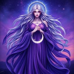 Vespera, the Goddess of Twilight and Harmony, is depicted as a tall, ethereal figure draped in flowing robes that shift colors gracefully from deep purple to shimmering silver