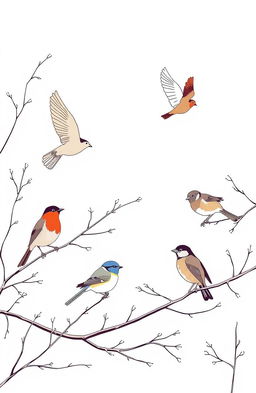 A serene scene depicting British birds such as robins, blue tits, and sparrows, gracefully flying and perched on branches