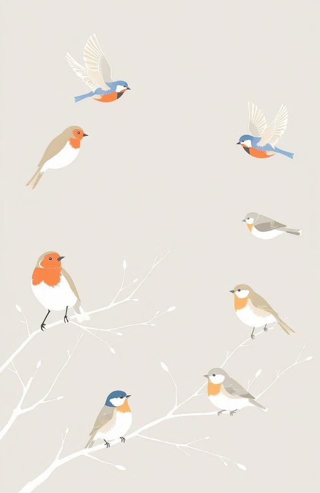 A serene scene depicting British birds such as robins, blue tits, and sparrows, gracefully flying and perched on branches