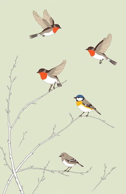 A serene scene depicting British birds such as robins, blue tits, and sparrows, gracefully flying and perched on branches