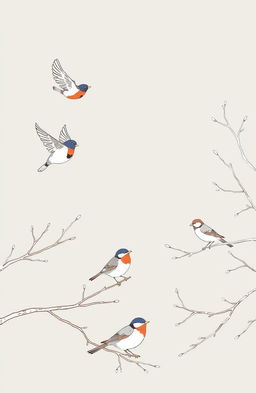 A serene scene depicting British birds such as robins, blue tits, and sparrows, gracefully flying and perched on branches