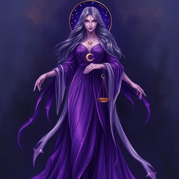 Vespera, the Goddess of Twilight and Harmony, is portrayed as a tall, ethereal figure elegantly draped in flowing robes that transition beautifully from deep purple to shimmering silver