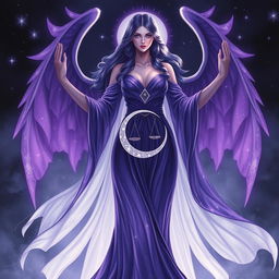Vespera, the Goddess of Twilight and Harmony, is portrayed as a tall, ethereal figure elegantly draped in flowing robes that transition beautifully from deep purple to shimmering silver