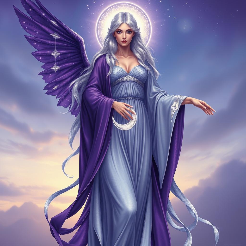 Vespera, the Goddess of Twilight and Harmony, is portrayed as a tall, ethereal figure elegantly draped in flowing robes that transition beautifully from deep purple to shimmering silver