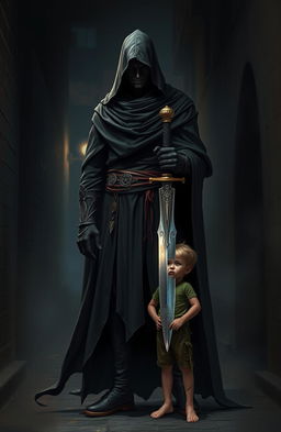 A mysterious and deadly assassin cloaked in dark, flowing garments stands tall with a menacing yet calm demeanor