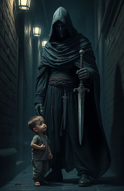 A mysterious and deadly assassin cloaked in dark, flowing garments stands tall with a menacing yet calm demeanor