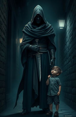 A mysterious and deadly assassin cloaked in dark, flowing garments stands tall with a menacing yet calm demeanor