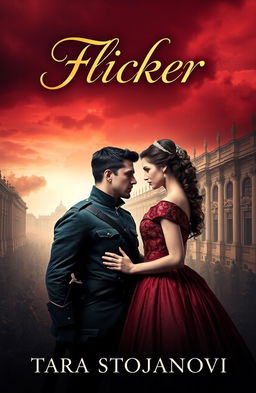 A captivating book cover for the story titled 'Flicker', featuring a dramatic and romantic scene