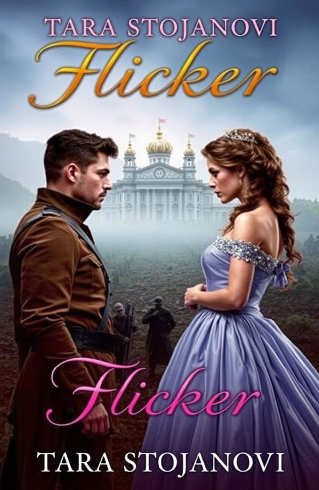 A captivating book cover for the story titled 'Flicker', featuring a dramatic and romantic scene