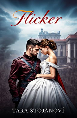 A captivating book cover for the story titled 'Flicker', featuring a dramatic and romantic scene
