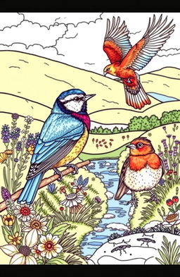 A detailed and artistic coloring page featuring various UK birds in their natural habitats