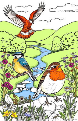 A detailed and artistic coloring page featuring various UK birds in their natural habitats
