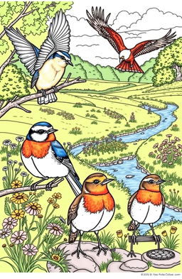 A detailed and artistic coloring page featuring various UK birds in their natural habitats