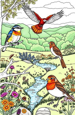 A detailed and artistic coloring page featuring various UK birds in their natural habitats
