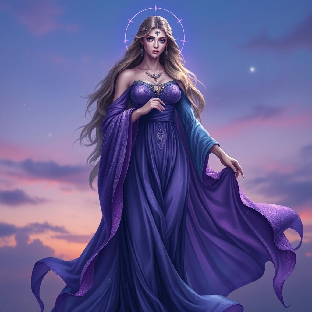 Vespera, the Goddess of Twilight and Harmony, is envisioned as a tall, ethereal figure gracefully draped in flowing robes that shift colors from deep purple to shimmering silver, embodying the essence of twilight