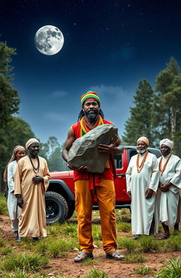 A 38-year-old black man, dressed in vibrant rastafarian colors and a rastafarian woolen cap, stands in a serene forest clearing, confidently carrying a large monolith in his hands