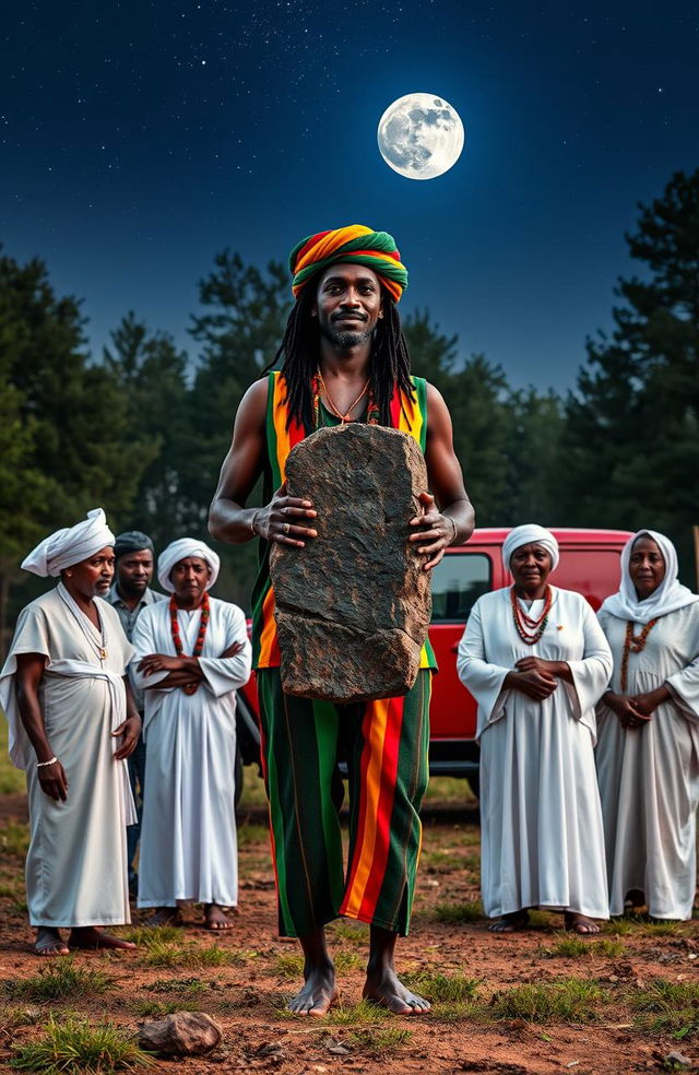 A 38-year-old black man, dressed in vibrant rastafarian colors and a rastafarian woolen cap, stands in a serene forest clearing, confidently carrying a large monolith in his hands