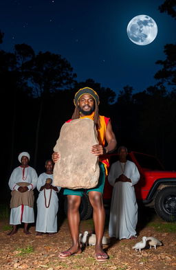 A 38-year-old black man, dressed in vibrant rastafarian colors and a rastafarian woolen cap, stands in a serene forest clearing, confidently carrying a large monolith in his hands