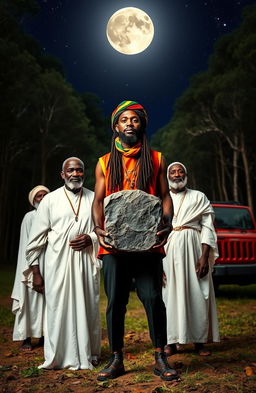 A 38-year-old black man, dressed in vibrant rastafarian colors and a rastafarian woolen cap, stands in a serene forest clearing, confidently carrying a large monolith in his hands