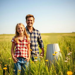 A picturesque scene of a happy family in a prairie, featuring a teenage girl with a bright smile standing beside her young father and mother