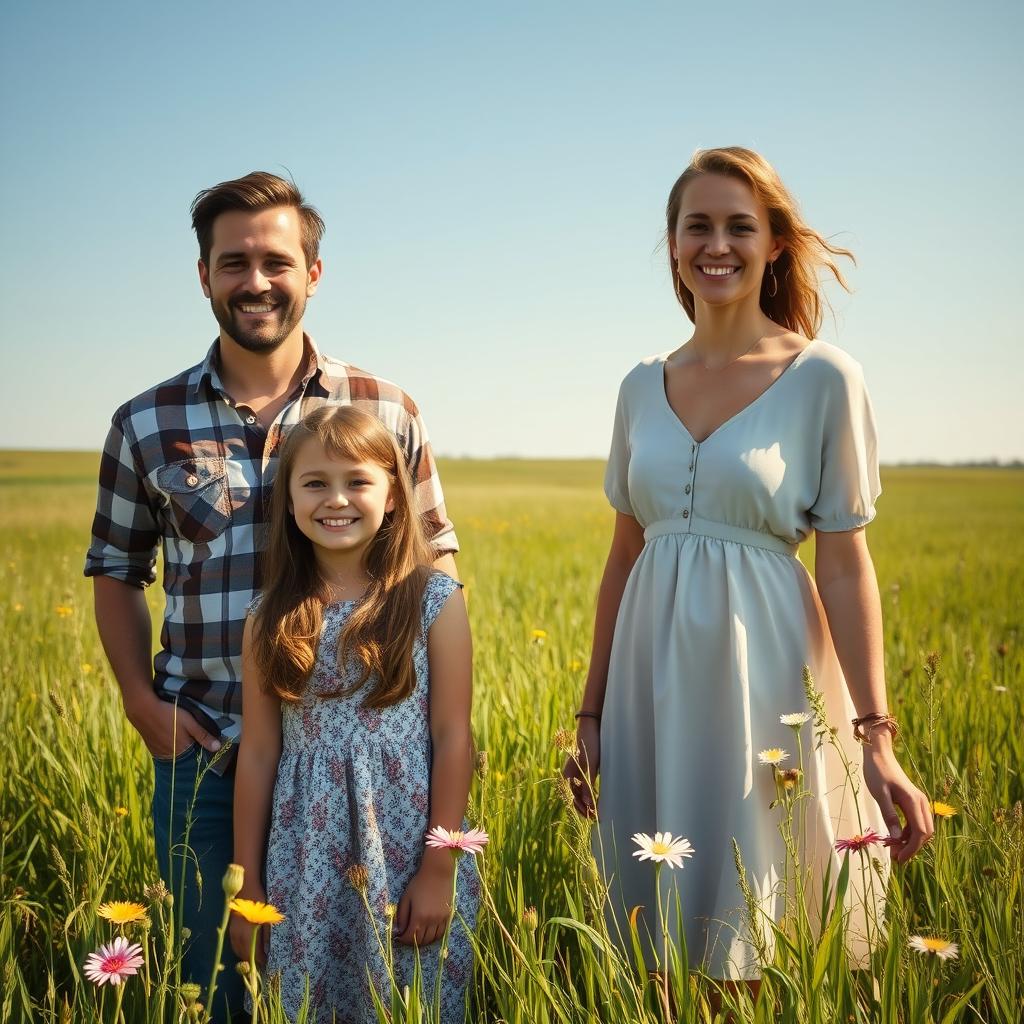 A picturesque scene of a happy family in a prairie, featuring a teenage girl with a bright smile standing beside her young father and mother