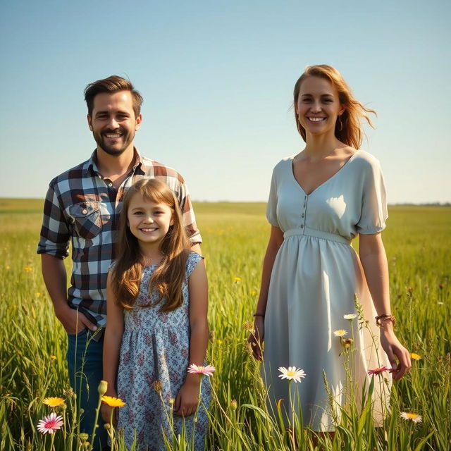 A picturesque scene of a happy family in a prairie, featuring a teenage girl with a bright smile standing beside her young father and mother