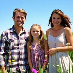 A picturesque scene of a happy family in a prairie, featuring a teenage girl with a bright smile standing beside her young father and mother