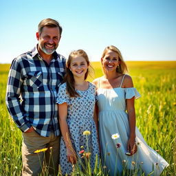 A picturesque scene of a happy family in a prairie, featuring a teenage girl with a bright smile standing beside her young father and mother