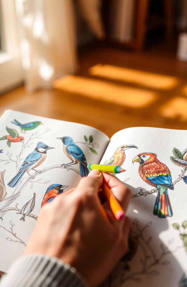 A close-up view of a hand holding a colorful pencil, carefully coloring in intricate illustrations of various birds in a beautifully illustrated book