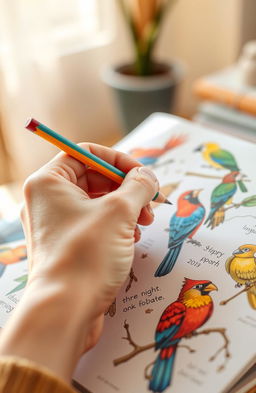 A close-up view of a hand holding a colorful pencil, carefully coloring in intricate illustrations of various birds in a beautifully illustrated book
