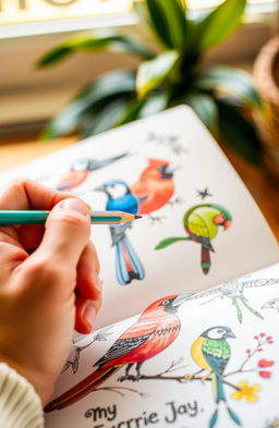 A close-up view of a hand holding a colorful pencil, carefully coloring in intricate illustrations of various birds in a beautifully illustrated book