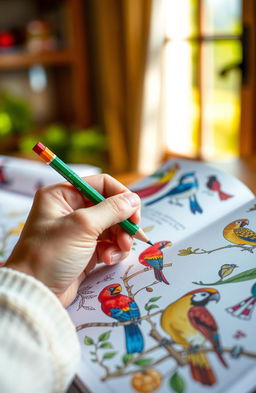 A close-up view of a hand holding a colorful pencil, carefully coloring in intricate illustrations of various birds in a beautifully illustrated book