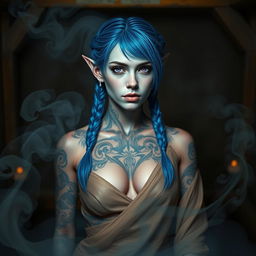 A proud female semi-elf with pointy ears and a fit body, featuring striking blue hair styled in two braids and captivating purple eyes
