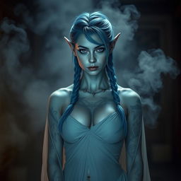 A proud female semi-elf with pointy ears and a fit body, featuring striking blue hair styled in two braids and captivating purple eyes