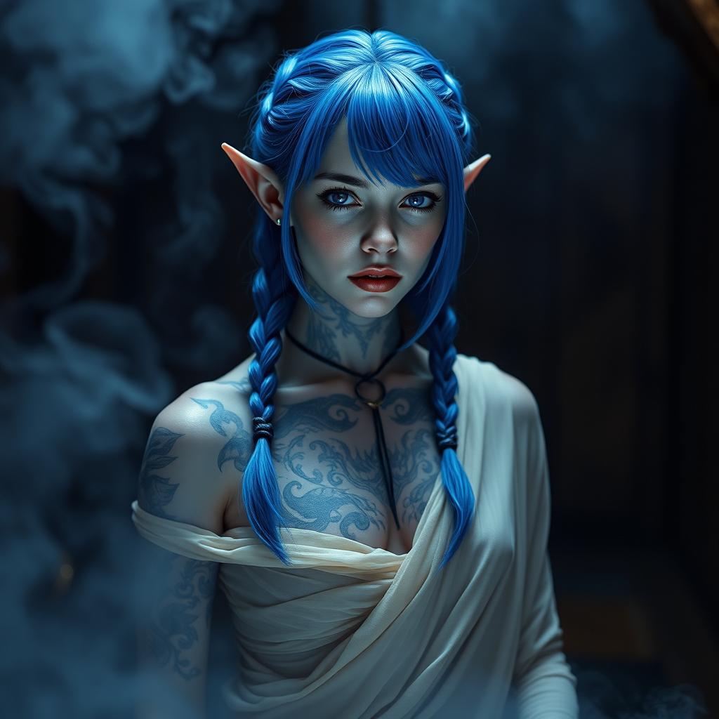 A proud female semi-elf with pointy ears and a fit body, featuring striking blue hair styled in two braids and captivating purple eyes