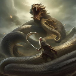 An epic scene depicting a giant snake chasing Gandalf, the legendary wizard from Middle-Earth. The snake's scales glisten menacingly as Gandalf raises his staff in defense.