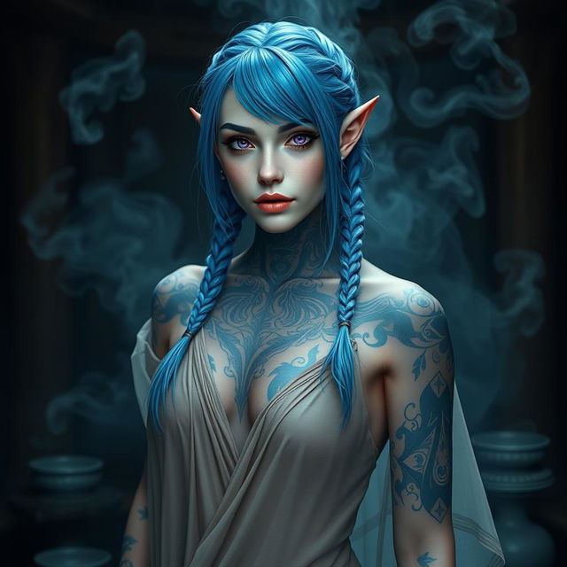 A proud female semi-elf with pointy ears and a fit body, featuring striking blue hair styled in two braids and captivating purple eyes