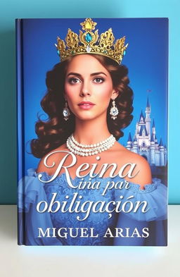 A captivating book cover featuring an elegant queen wearing a stunning crown adorned with gems, set against a vibrant blue background