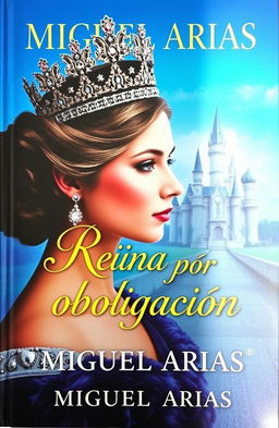 A captivating book cover featuring an elegant queen wearing a stunning crown adorned with gems, set against a vibrant blue background