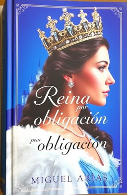 A captivating book cover featuring an elegant queen wearing a stunning crown adorned with gems, set against a vibrant blue background