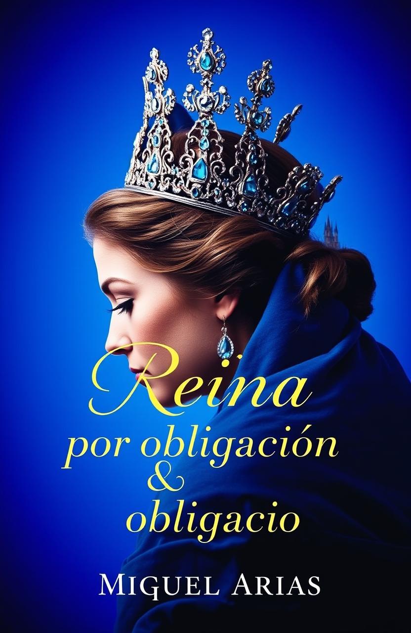 A captivating book cover featuring an elegant queen wearing a stunning crown adorned with gems, set against a vibrant blue background