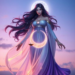 Vespera, the Goddess of Twilight and Harmony, is envisioned as a tall, ethereal figure gracefully draped in flowing robes that shift colors from deep purple to shimmering silver, evoking the beauty of twilight