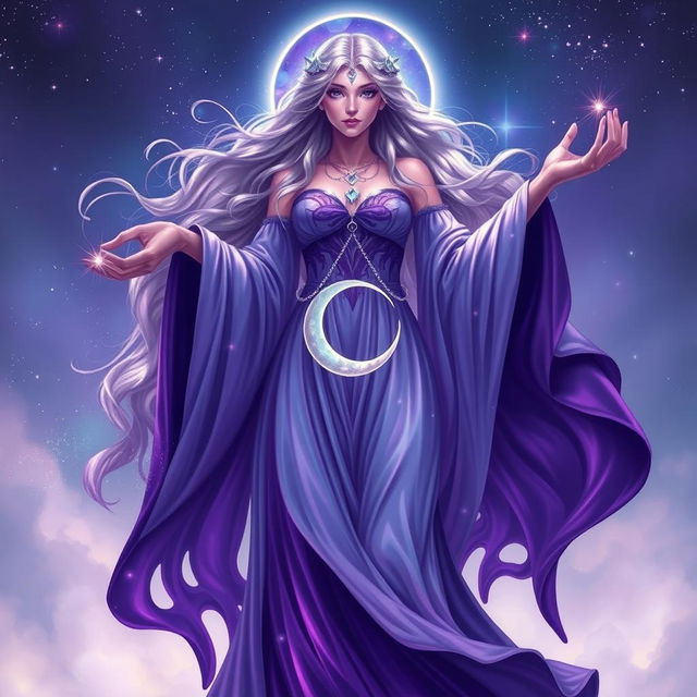 Vespera, the Goddess of Twilight and Harmony, is envisioned as a tall, ethereal figure gracefully draped in flowing robes that shift colors from deep purple to shimmering silver, evoking the beauty of twilight