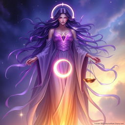 Vespera, the Goddess of Twilight and Harmony, is envisioned as a tall, ethereal figure gracefully draped in flowing robes that shift colors from deep purple to shimmering silver, evoking the beauty of twilight