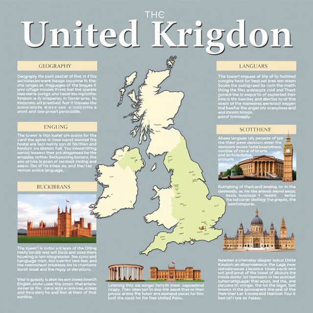 A high-quality educational poster focused on the United Kingdom, highlighting its geography, language, and famous landmarks