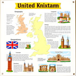 A high-quality educational poster focused on the United Kingdom, highlighting its geography, language, and famous landmarks